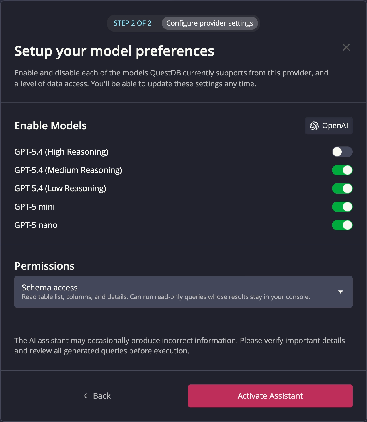 Model selection interface with toggle switches