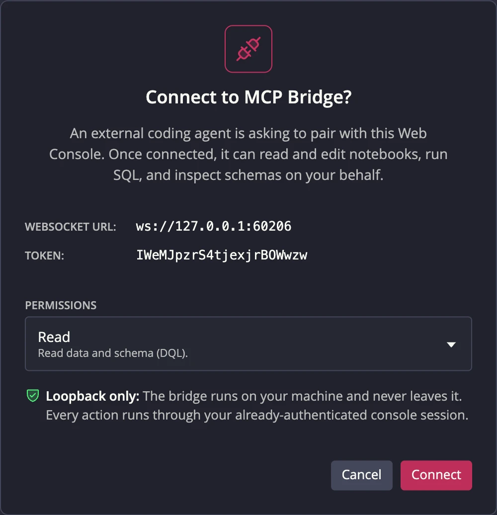 The QuestDB MCP server pairing consent prompt in the Web Console